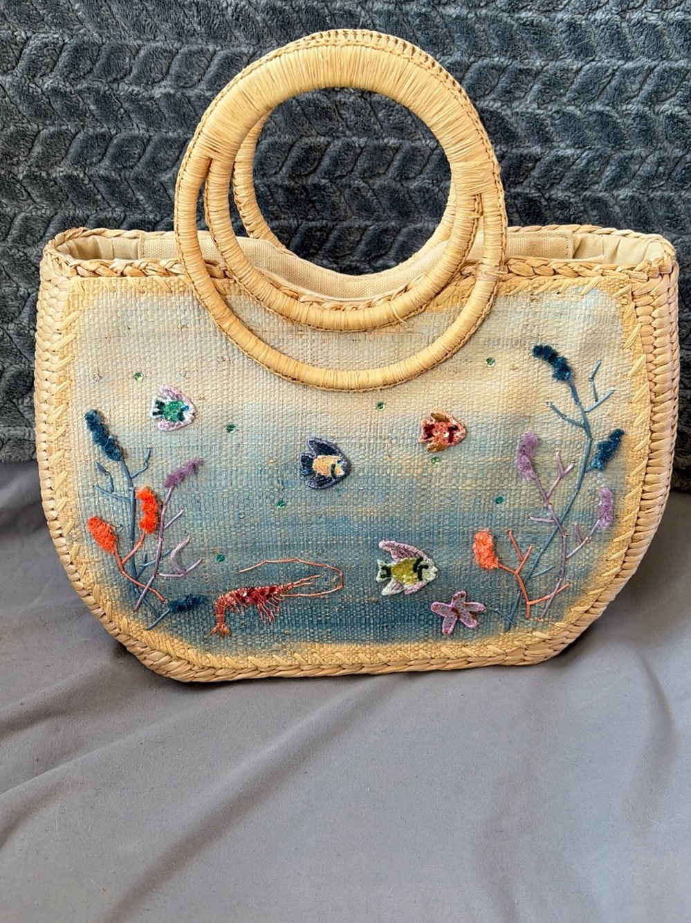 Cappelli Straworld Straw Tote Womens OS Beige Blue Embroidered Sea Motifs Bag
